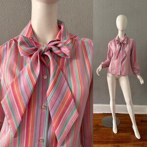 Vintage 70s Pink Striped Bow Button Top Blouse M